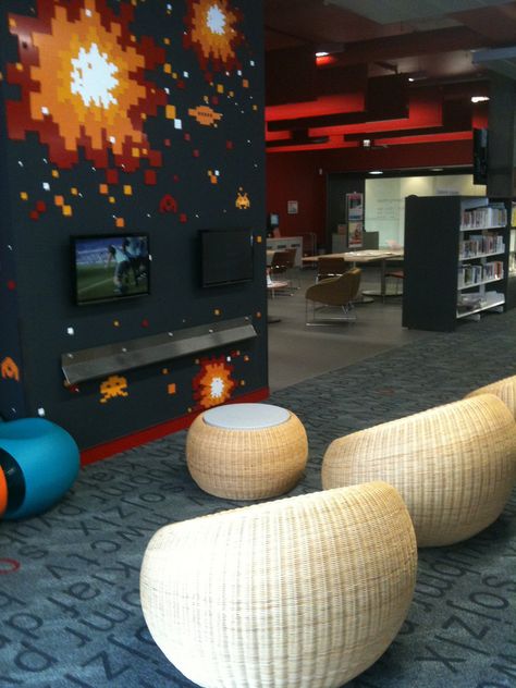 Games Room Ideas, Teen Library Space, Teen Game Rooms, Game Room Ideas, Gaming Lounge, Entertainment Room Design, Teen Library, Youth Rooms, Basement Home Theater