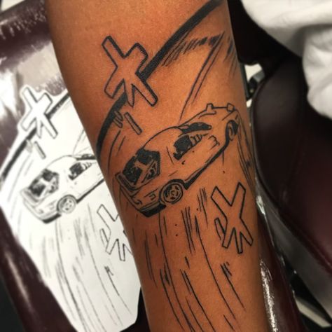 Street Racing Tattoos, Initial D Tattoo Ideas, 240sx Tattoo, Initial D Tattoo Anime, Miata Tattoo Ideas, Tokyo Drift Tattoo, Mx5 Tattoo, Rx7 Tattoo, Jdm Car Tattoo