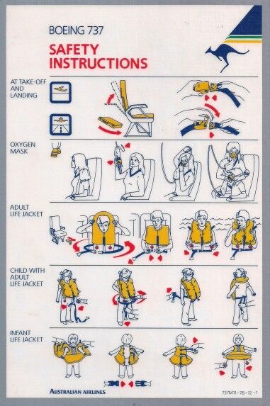 Australian Airlines 737 Safety Card Plane Safety Instructions, Airplane Safety, Australian Airlines, Brochure Examples, Eternal Return, Air Asia, Safety Posters, Technical Illustration, Safety Instructions