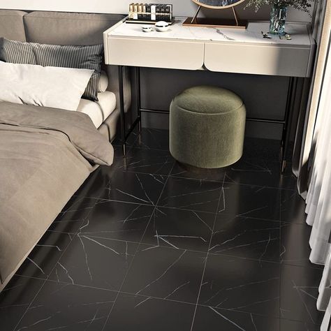 Floor Tiles Peel And Stick, Marble Vinyl Flooring, Tiles For Floor, Sticky Tile, Peel And Stick Floor Tile, Black Vinyl Flooring, Black Tile Bathrooms, Tile Bedroom, Vinyl Flooring Bathroom