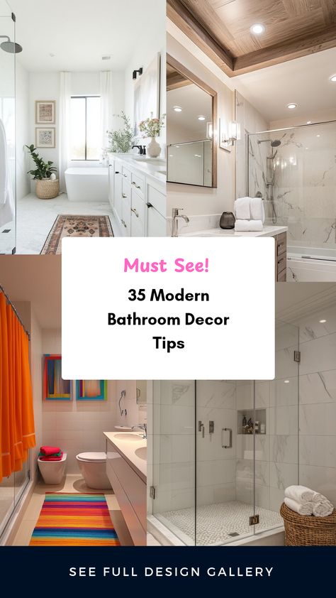 Looking to give your bathroom a stylish upgrade? Check out these 35 modern bathroom decor tips designed to inspire your next Home makeover. From chic color palettes to sleek fixtures, you'll discover fresh and trendy designs that optimize space and functionality. Don't overlook the style difference that curated accessories, trendy lighting, and clever organization can make. Transform your bathroom into a personal oasis with these engaging ideas that showcase your unique taste while embracing modern aesthetics. Perfect for big or small spaces. Modern Bathroom Decor Ideas Inspiration, Modern Bathroom Decor Ideas, Clever Organization, Trendy Lighting, Clever Organizer, Modern Shower Curtains, Wooden Vanity, Small Bench, Unique Mirrors