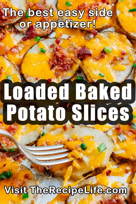 A fork piercing a tender loaded baked potato slice. Loaded Baked Potato Chips, Sliced Loaded Potatoes, Loaded Sliced Baked Potatoes, Loaded Baked Potato Rounds, Loaded Potato Slices In Oven, Baked Potato Slices Recipes, Loaded Baked Potato Slices, Potato Rounds With Cheese And Bacon, Oven Baked Sliced Potato With Cheese