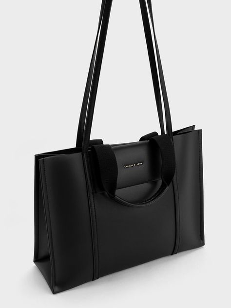 Charles And Keith Bags, Charles And Keith, Minimalist Tote Bag, Luxury Tote Bags, Handbag Charms, Charles Keith, Work Bag, Black Tote, Womens Purses