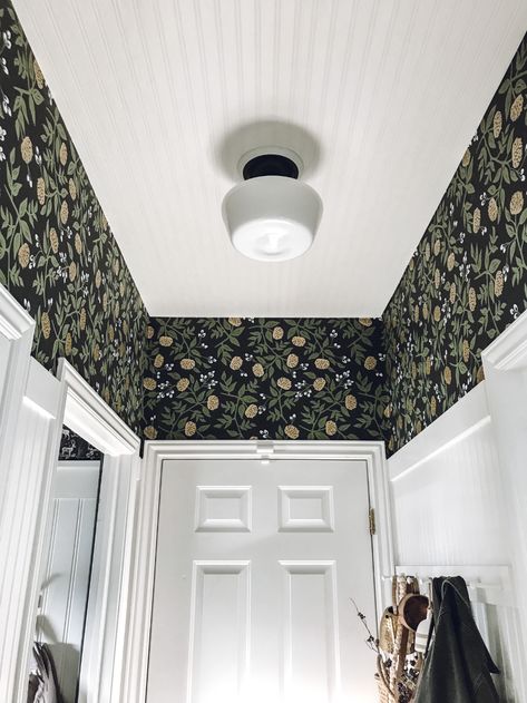 Wallpaper With Painted Ceiling, Beadboard Wainscoting Hallway, Half Bathroom Ceiling Ideas, Beadboard Ceiling Hallway, Beadboard Wallpaper Ceiling, Beadboard Wallpaper On Ceiling, Beadboard Half Wall Wallpaper, Wainscoting And Wallpaper Hallway, Wallpapered Ceiling Bedroom