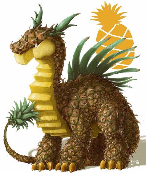 Pineapple dragon Food Creatures, Akvarel Illustration, Fruit Animals, Cute Food Drawings, Cute Fantasy Creatures, Fantasy Creatures Art, Mythical Creatures Art, Mythological Creatures, Creature Concept Art