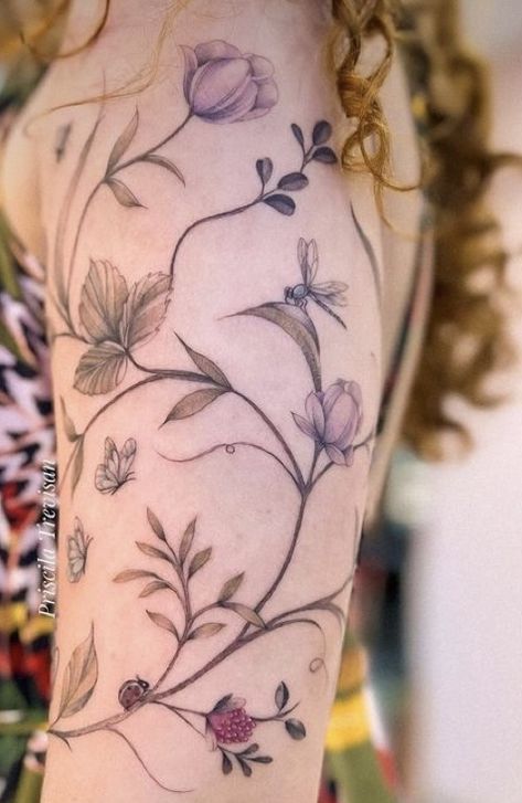 Wildflower Floral Tattoo, Vintage Flower Tattoo Sleeve, Spring Tattoo Ideas Nature, Black Tattoo With Pop Of Color, Botanical Tattoo Sleeve Delicate, Cottagecore Sleeve Tattoo, Blooming Flowers Tattoo, Botanical Arm Tattoo, Harper Wilde