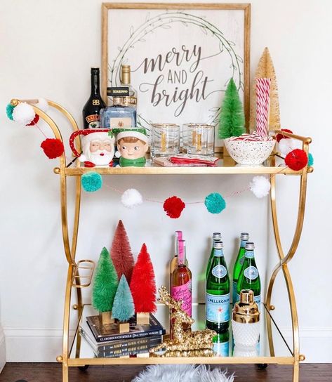 Holiday Bar Cart Christmas, Christmas Bar Cart, Holiday Bar Cart, Holiday Bar, Bar Cart Styling, Atlanta Fashion, Hosting Christmas, My First Year, Bar Cart Decor