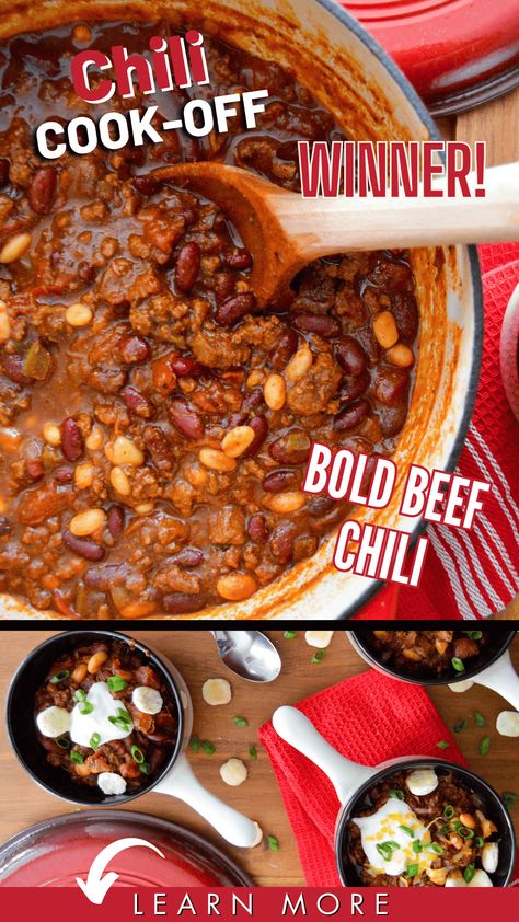 🏆🌶️ 1st place Winner of a Chili Cook-Off! 🌶️🏆 Get ready to spice up your taste buds with our award-winning Bold Beef Chili! Packed with mouthwatering chunks of tender beef, ground beef and warm smoky spices, and secret ingredients. This beefy chili is a flavor explosion you won't forget. Perfectly balanced heat and savory goodness in every spoonful! It's a must try! The family will even love it cause it's flavorful yet, not too sweet and not too spicy. 🔥🥩 via @wholemadeliving Best Chili Recipe Award Winning Crockpot, Chili Cook Off Winner, Winning Chili Recipes, Award Winning Chili Recipe, Stews Recipes, Ground Beef Chili, Chili Chili, Beef Chili Recipe, Chili Toppings