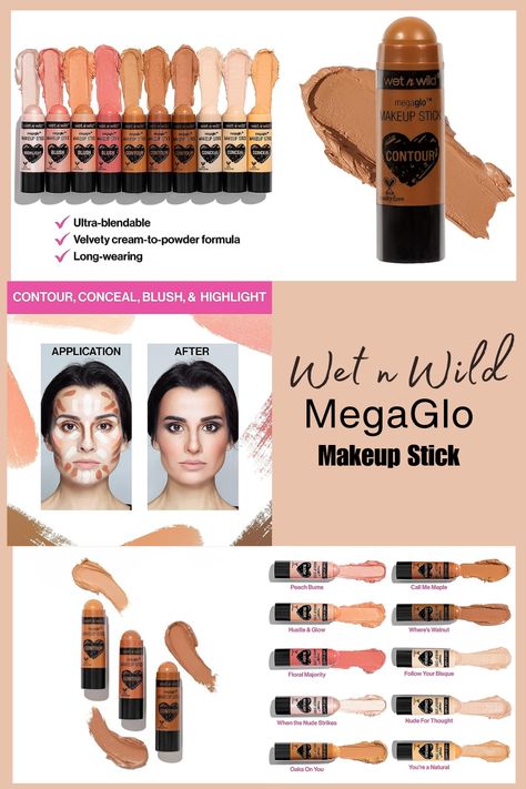 The Wet n Wild MegaGlo Makeup Stick Conceal and Contour is a makeup stick that can be used for concealing, highlighting, contouring, and adding color. In one swipe you can get catwalk-ready cheekbones, naturally flushed cheeks or an insanely glowy complexion. Toss one of these in your purse or pocket and you’ll be camera-ready in less time it takes to double tap. Available in Strobe, Contour, Conceal and Blush. #ad #amazon #earnedcommissions Highlighter And Blush, Highlighting Contouring, Flushed Cheeks, Contour Concealer, Makeup Stick, Wet And Wild, Contour Stick, Blush Contour, Wet N Wild