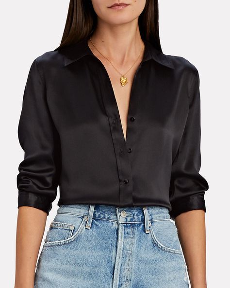 Black Silk Top Outfit, Black Silk Blouse Outfit, Silk Top Outfit, Silk Blouse Outfit, Silk Shirt Outfit, Classy Ootd, Black Shirt Outfits, Blouse Outfit Casual, Black Silk Shirt