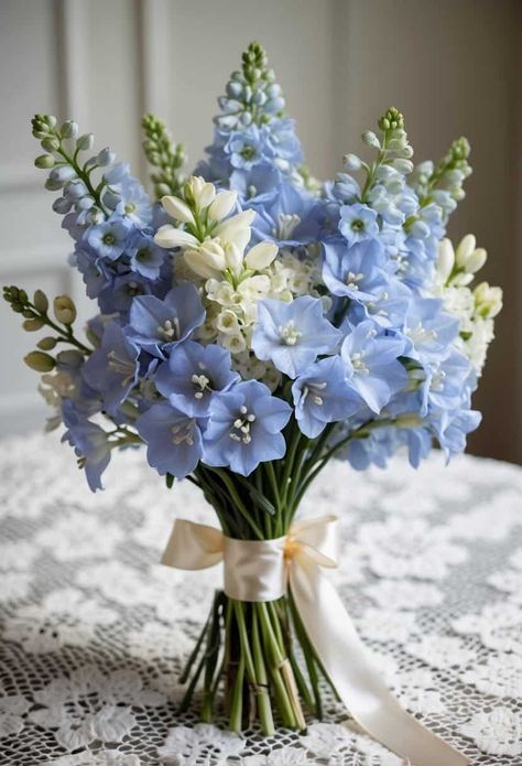 15 Light Blue Wedding Bouquet Ideas for a Dreamy Ceremony - OMG Hitched! Wedding Flowers Light Blue, Delphinium Flower Wedding, Blue Wedding Bouquet Ideas, Light Blue Wedding Bouquet, Blue Babies Breath, Types Of Blue Flowers, Wedding Dress Quilt, Blue Theme Wedding, Thistle Bouquet