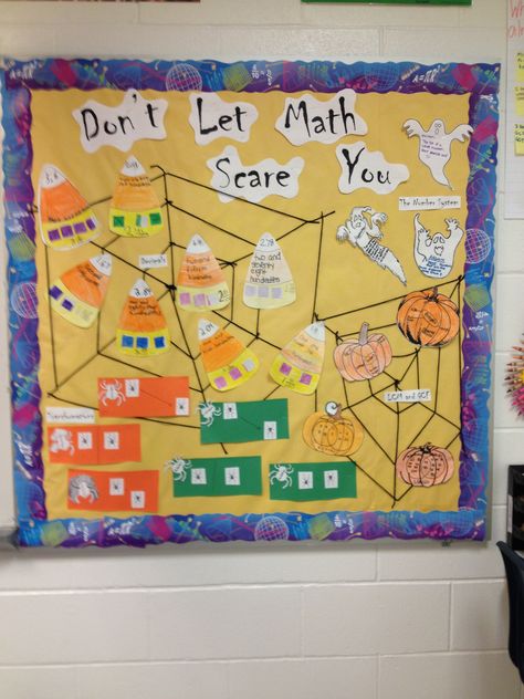 Halloween math bulletin board Fall Math Bulletin Boards, Math Interventionist, October Bulletin Boards, Algebra Math, October Math, Math Bulletin Boards, Halloween Bulletin Boards, Math Puns, Fall Bulletin Boards