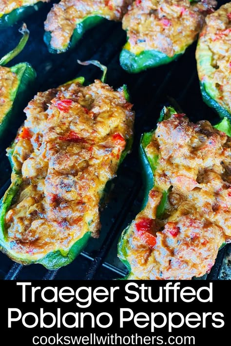 stuffed peppers on a smoker Traeger Cooking, Poblano Peppers Recipes, Pellet Smoker Recipes, Traeger Grill Recipes, Poblano Peppers, Traeger Recipes, Pellet Grill Recipes, Smoked Cooking, Smoker Recipes