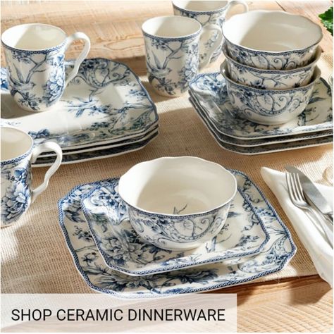 Amazon.com: 222 Fifth Blue Dinnerware Sets, Blue And White Dinnerware, Casual Dinnerware Sets, China Dinnerware Sets, Toile Pattern, Blue Dinnerware, Casual Dinnerware, Plates And Bowls Set, White Dinnerware