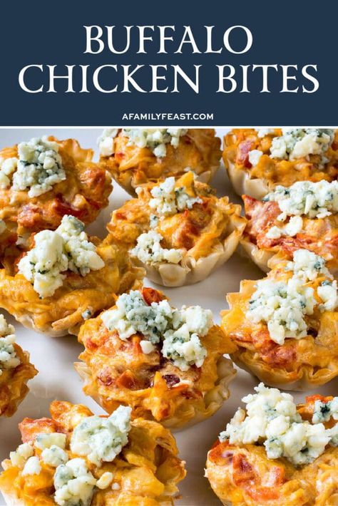 Nfl Food, Shredded Buffalo Chicken, Chicken Bites Appetizers, Buffalo Chicken Bites, Buffalo Chicken Cups, Spicy Buffalo Chicken, Family Feast Recipes, Buffalo Chicken Recipes, Phyllo Cups