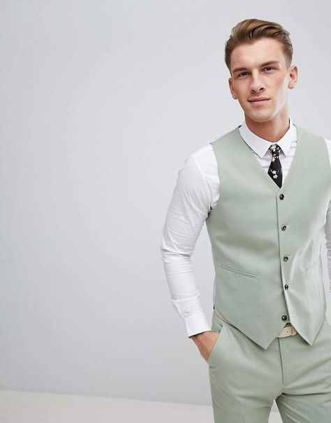 ASOS Wedding Skinny Suit Vest In Sage Green Green Vest Outfit, Sage Wedding Colors, Green Suit Men, Vest Outfits Men, Green Wedding Suit, Asos Wedding, Wedding Vest, Princesa Tiana, Mens Wedding Attire