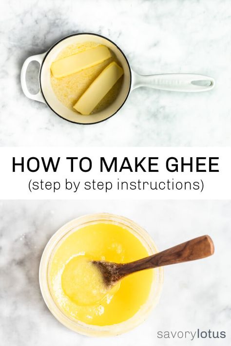 How to make ghee at home in just a few easy steps. Golden + delicious. So much cheaper than store-bought. Easy step by step directions. #ghee #butter #howtomakeghee #healthyfats #keto #ketofats #savorylotus Make Ghee At Home, Ghee Recipe, Making Ghee, Homemade Pantry, Organic Butter, India Food, Grass Fed Butter, Clarified Butter, Artisan Bread