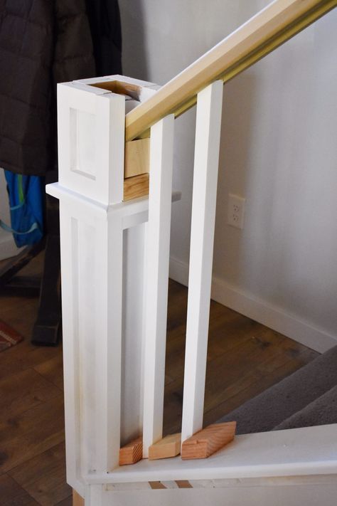 Resurfacing Interior Doors, Stair Posts Banisters, Diy Stair Post Makeover, Stairway Remodel Staircase Makeover, Wooden Banisters And Railings, Stair Post Makeover, Diy Newel Post Makeover, Redoing Stair Railing Banisters, White Banisters And Railings