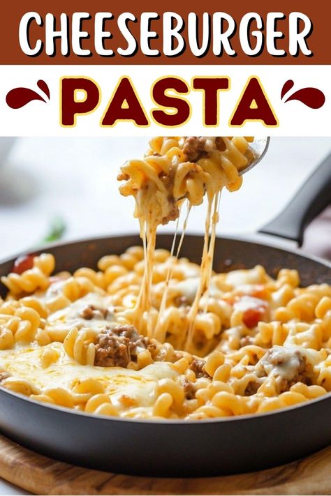 This one-post cheeseburger pasta is comfort food at its best! With ground beef, tender rotini, and plenty of cheese, it's a dream come true! Ground Beef Pasta Recipes For Dinner, Pasta With Hamburger, Hamburger Pasta Recipes, Rotini Pasta Recipes, Bean And Cheese Burrito, Cheese Burrito, Ground Beef Pasta Recipes, Cheese Pasta Recipes, Cheeseburger Pasta