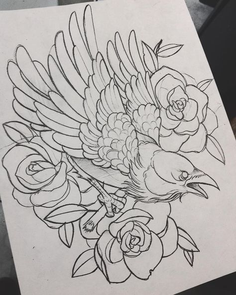 This is the one I want to do for my sleeve Rabe Tattoo, Tier Tattoo, Petit Tattoo, Kunst Tattoos, Tattoo Zeichnungen, Crow Tattoo, Raven Tattoo, Geniale Tattoos, Tattoo Stencil Outline