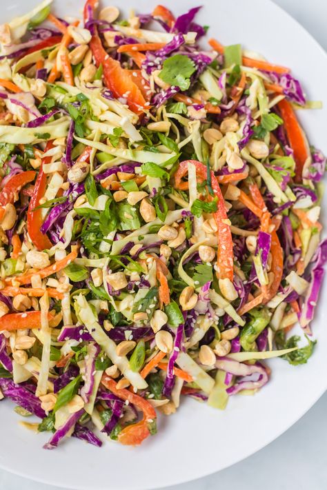 Cabbage Salad with Peanut Dressing Cabbage Peanut Salad, Cabbage With Peanut Sauce, Cabbage Salad Ideas, Peanut Cabbage Salad, Cabbage Salad With Peanut Dressing, Asian Salad With Peanut Dressing, Peanut Salad Recipes, Peanut Dressing Salad, Asian Peanut Dressing