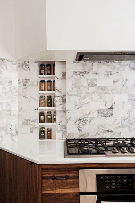 Hidden kitchen backsplash storgae by Frame Design Lab for Central Park West project. Kitchen New York, Hidden Kitchen, Spice Storage, Storage Design, Design Lab, Hidden Storage, Built In Storage, Contemporary Kitchen, Kitchen Backsplash