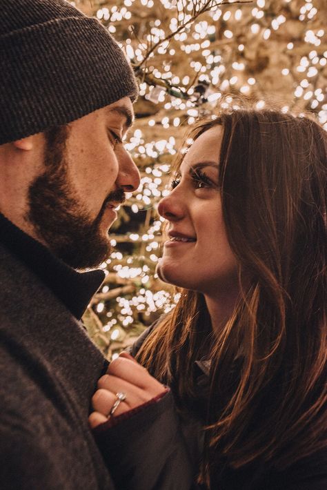 Winter Engagement Photos Christmas Lights, Christmas Lights Couple Photo, Couples Photos Christmas, Outdoor Christmas Engagement Photos, Christmas Light Engagement Photos, Christmas Lights Engagement Photos, Christmas Light Couple Photos, Downtown Christmas Photo Shoot, Couples Christmas Lights Pictures