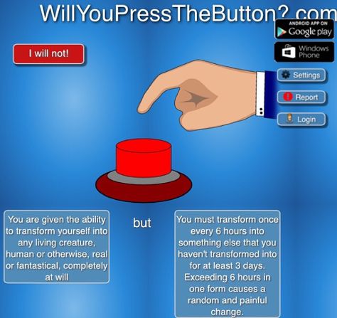 Will You Press The Button - huh... interesting<--Maybe, I have to think on this one Press The Button, The Button, Timey Wimey Stuff, Would You Rather, Hell Yeah, Red Button, Superwholock, Tumblr Posts, Writing Tips