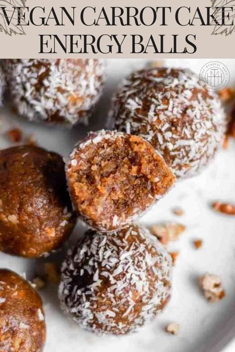 Sweet + chewy vegan energy balls filled with your favorite carrot cake flavors - cinnamon, raisins, pecans, coconut, and carrots (duh!). The perfect healthy snacking or dessert bite that takes minimal ingredients and less than 15 minutes to whip up in your food processor. Carrot Cake Energy Balls, Carrot Cake Balls, Vegan Energy Balls, Vegan Carrot Cake, Raw Snacks, Vegan Carrot Cakes, Dessert Bites, Healthy Snacking, Roasted Pecans