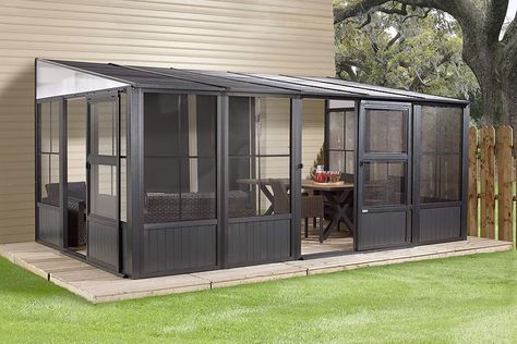 Amazon.com : Sojag Outdoor 10' x 16' Charleston Solarium Wall-Mounted Sunroom with Mosquito Nets, Dark Grey : Garden & Outdoor Rectangle Gazebo, Sunroom Kits, Pergola Metal, Dark Grey Walls, Patio Pergola, Patio Enclosures, Enclosed Patio, Pergola Design, Brick Exterior House