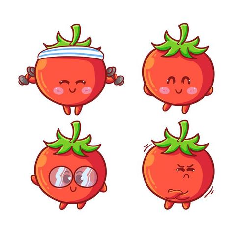 Fruits Character Illustration, Tomato Cartoon Drawing, Tomato Character Design, Tomato Illustration Cute, Cute Tomato Cartoon, Tomato Character, Tomato Cartoon, Bean Character, Tomato Drawing