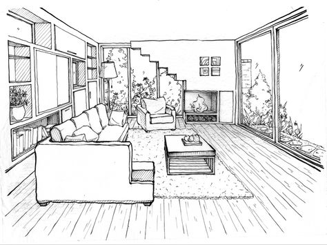 3 Point Perspective Drawing Interior, 1 Point Perspective Room, One Point Perspective Room, Room Perspective, Room Perspective Drawing, Design De Configuration, Perspective Room, Drawing Room Interior, Drawing Room Interior Design