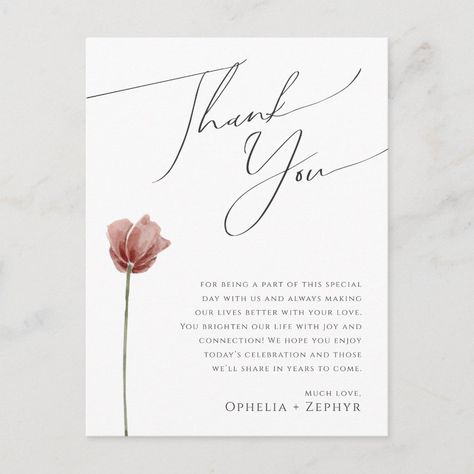 Simple Wildflower | Reception Table Thank You Card | #bohotablethankyoucard #whimsicalguestletterfavordecor #wildflowerreceptionplatenapkinnote #colorfulweddingplacesettingcard #vintageblackelegantscriptss048 #simpleeditablewhitebohemianfall #romanticminimalmodernsummerdesign #delicateclassichandwrittencalligraphy #pressedoldrosewildflowerfloral #shabbychicglampressedflower Wildflower Reception, Colorful Wedding Place Settings, Pink Terrazzo, Place Setting Cards, Wedding Thank You Postcards, Floral Shabby Chic, Boho Table, Thank You Card Size, Handwritten Calligraphy