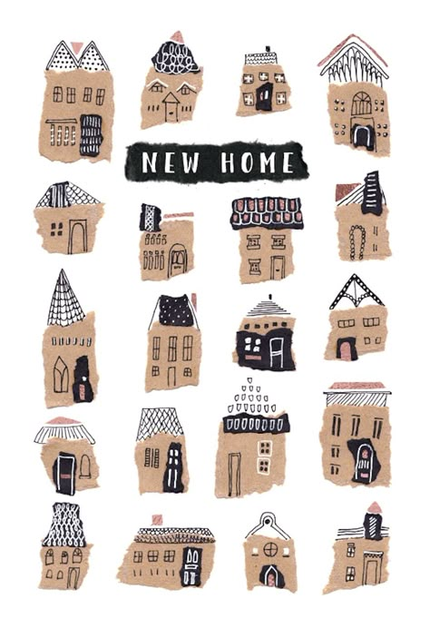 Kraft Houses - New Home Card (Free) | Greetings Island 달력 디자인, Greetings Island, Paper Collage Art, New Home Cards, Advocate Art, House Illustration, Collage Art Mixed Media, Small Houses, House Drawing