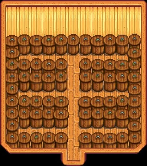 Optimized shed layout for kegs and preserves jars Shed Layout, Big Shed, Make Pickles, Stardew Farms, Fish Roe, Farm Building, Stardew Valley Layout, Stardew Valley Tips, Stardew Valley Farms