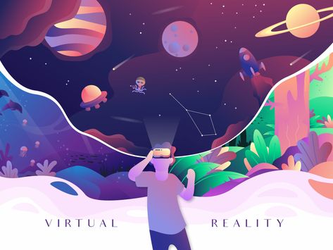 Virtual Reality dribbble vector illustraion landscape forest under water sea sky planet virtual reality reality virtual vr Virtual Reality Art, Virtual Reality Design, Virtual Reality Technology, Logos Ideas, New Retro Wave, Battlestar Galactica, First Art, Flat Illustration, Graphic Design Posters