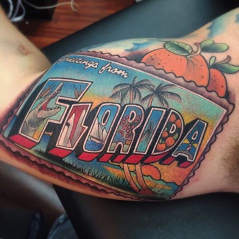 Florida tattoo by @tylernolantattoos at Vatican Tattoo Studio in Fort Lauderdale, FL #tylernolantattoos #tylernolan #vaticantattoostudio #fortlauderdale #florida #floridatattoo #tattoo #tattoos #tattoosnob Florida Tattoo Sleeve, Florida Inspired Tattoo, Postcard Tattoo, Florida Tattoo, State Tattoos, Florida Postcard, Florida Tattoos, Lego Coloring, Sleeve Ideas