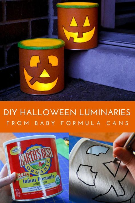 Oatmeal Container Crafts, Halloween Decorations Cheap, Diy Luminaries, Formula Can Crafts, Baby Formula Containers, Kindergarten Halloween Crafts, Diy Halloween Luminaries, Mason Jar Halloween Crafts, Baby Formula Cans