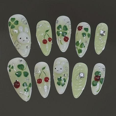 Inbox • Direct Melon Soda Nails, Clover Nails Design, Bunny Custome, Four Leaf Clover Nails, Japan Nails Design, Animal Crossing Nails, Pistachio Nails, Clover Nail Art, Butterfly Nails Design