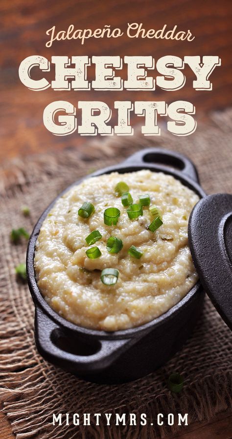 Jalapeno Cheddar Cheese Grits - These creamy, cheesy grits are a great little side dish. You can also make these grits then layer on your choice of shrimp, bacon, sausage or barbecue ribs. Anything southern will do! :) These grits are a must-try! #cheddargrits #jalapenogrits Jalapeño Grits, Creamy Cheesy Grits, Instant Grits, Creamy Grits, Cheesy Grits, Spicy Cheese, Grits Recipe, Cheese Grits, Jalapeno Cheddar