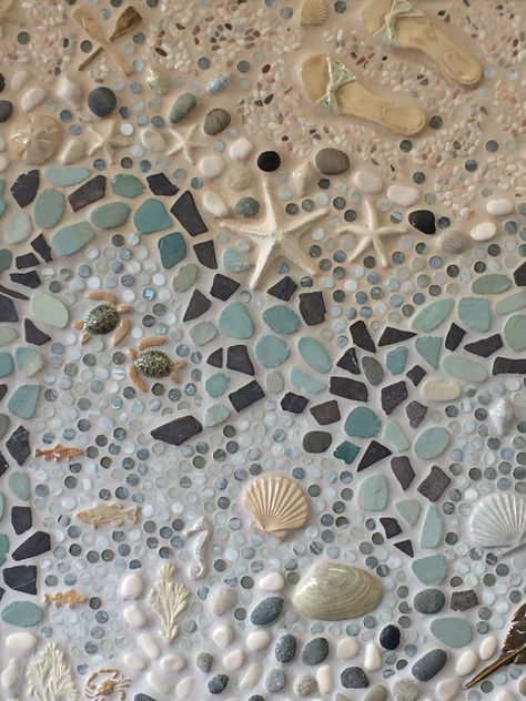 Custom sea life mural Sea Mosaic Ideas, Sea Life Mural, Mosaic Sea Life, Coastal Tile, Mosaic Walls, Sea Mosaic, Ocean Mosaic, Mermaid Mosaic, Sea Glass Mosaic