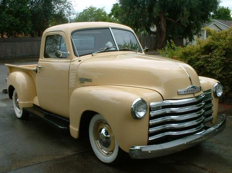 Old Chevys... An eye-catching car with a pretty paint job and a pair of white wall tires. I would dream about taking this Chevy for a spin. 1951 Chevy Truck, Chevy Trucks For Sale, Yellow Truck, Chevy 3100, Vintage Pickup Trucks, Chevrolet Pickup, Old Pickup Trucks, Antique Trucks, Classic Pickup Trucks