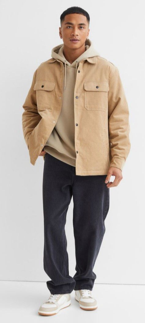 Beige Trucker Jacket Outfit Men, Tan Corduroy Jacket Outfit Men, Cream Hoodie Outfit Men, Mens Modern Fashion, Beige Jacket Outfit Men, Light Brown Jacket Outfit, Outfit Sobrecamisa, Zipper Jacket Outfit, Brown Hoodie Outfit