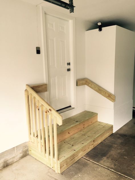 The Loyal Handyman General Contracting is sharing some photos from a current project. Therma-tru door. Wood treated steps. Door Stairs, Garage Steps, Garage Stairs, Step Ideas, Garage Entryway, Garage Floor Paint, Garage Renovation, Entry Stairs, Garage Entry