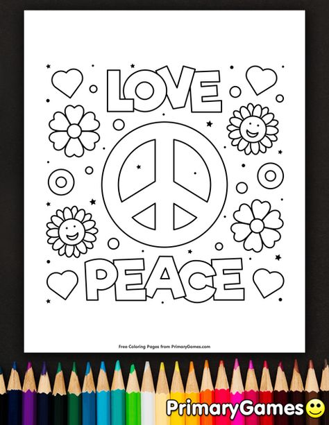 Free printable online Martin Luther King, Jr. Day Coloring Pages eBook for use in your classroom or home from PrimaryGames. Print and color this Love And Peace coloring page. Art Worksheets Printables, Peace Day, Writing Planning, Coloring Page Free Printable, Coloring Pages Inspirational, Armistice Day, Mode Hippie, Coloring Page Printable, Art Worksheets