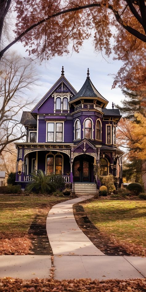 Victorian House With Turret, Victorian House Porch, Victorian Tiny House Interior, Victorian Witch House, Painted Victorian House, Victorian House Aesthetic, Purple Victorian House, Small Victorian Homes, Victorian House Exterior