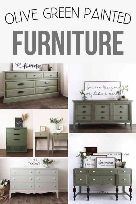 collage of olive green painted furniture ideas Olive Green Painted Furniture, Olive Green Furniture, Sage Green Furniture, Olive Green Paints, Retro Side Table, Painted Furniture Ideas, Green Painted Furniture, Painting Laminate Furniture, Painted Furniture For Sale