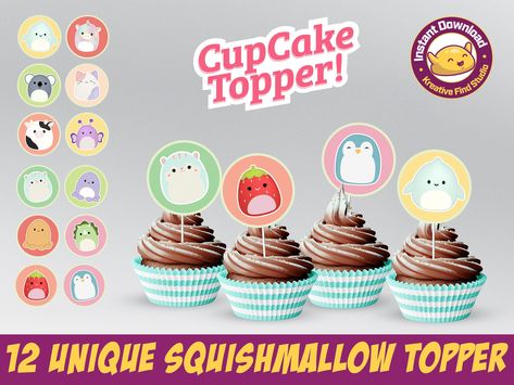 Squishmallow Cupcake, Squishmallow Birthday Party, Adorable Squishmallows, Squishmallow Party, Rose Birthday, Rosé Birthday, Cupcake Toppers Printable, 6th Birthday Parties, Cupcake Topper