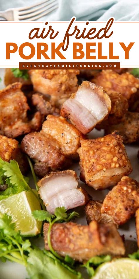 Looking for an easy dinner idea for the family? This Air Fryer Pork Belly is the answer! This easy pork recipe is crispy and juicy. It deserves a spot on your weekly dinner rotation. Pin this simple weeknight dinner idea! Air Fryer Pork Belly, Roasted Pork Belly Recipe, Air Fryer Recipes Pork, Pork Belly Recipes Crispy, East Recipes, Fried Pork Belly, Air Fryer Pork, Tender Meat, Pork Belly Recipes