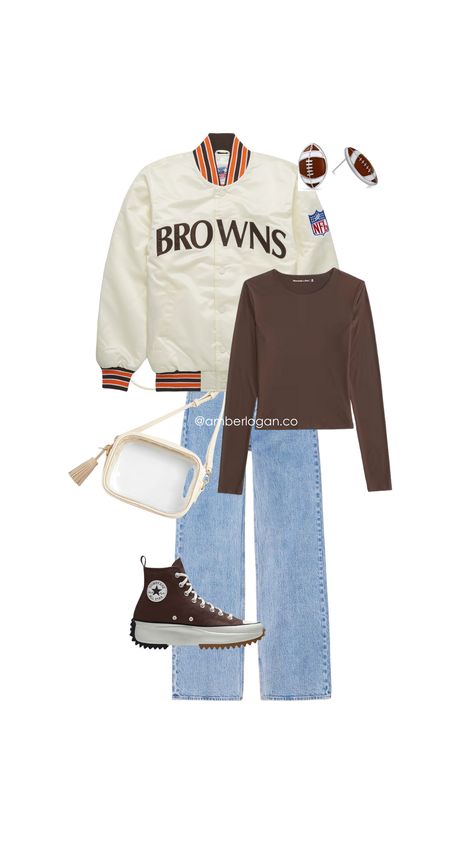 Collegiate Sweater For Game Day In Fall, Collegiate Track Jacket For Game Day In Fall, Sporty Varsity Jacket For Game Day In Fall, Clear Bag Outfit, Outfit Ideas Football Game, Collegiate Sweater For Game Day, Brown Platform Converse, Winter Game Day Outfit Football, Cleveland Browns Outfit Woman